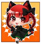  1girl :3 :d animal_ears black_dress blunt_bangs bow braid cat_ears cat_tail chibi dress eyes_visible_through_hair full_body hair_bow hair_ribbon highres ishiki_nuru juliet_sleeves kaenbyou_rin long_hair long_sleeves multiple_tails nekomata outline paw_pose puffy_sleeves red_eyes red_hair ribbon simple_background smile solo standing standing_on_one_leg tail touhou tress_ribbon twin_braids two_tails very_long_hair white_outline 