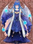  1girl blue_dress blue_hair brown_background dairoku_ryouhei dragon_wings dress full_body red_eyes sleeves_past_fingers sleeves_past_wrists solo stole wide_sleeves wings yamaneko514 