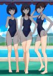  3girls absurdres arm_up bare_legs bare_shoulders barefoot black_hair blue_eyes blue_hair blue_sky blush breasts brown_hair chain-link_fence closed_mouth cloud collarbone commentary_request day fence flat_chest full_body green_eyes hair_bun highres kinomiki long_hair looking_at_viewer mountainous_horizon multiple_girls one-piece_swimsuit original outdoors parted_lips pool poolside school_swimsuit shade short_hair single_hair_bun sky small_breasts smile standing swimsuit white_one-piece_swimsuit 