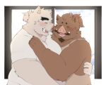  2023 anthro belly big_belly brown_body brown_fur clothing dragon_night800 duo embrace eyes_closed fur hi_res hug kemono male male/male mammal overweight overweight_male shirt suid suina sus_(pig) topwear wild_boar 