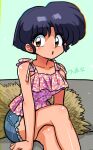  1girl blouse blue_hair blush breasts brown_eyes crossed_legs denim denim_shorts open_mouth ranma_1/2 shirt short_hair shorts signature simple_background sitting solo tendou_akane wanta_(futoshi) 