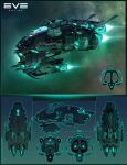  3d 55eba55tian absurdres aqua_theme blueprint_(medium) commentary concept_art copyright_name cruiser_(eve_online) eve_online flying from_side gallente_federation_(eve_online) glowing highres logo military_vehicle multiple_views nebula no_humans original outdoors realistic reference_sheet science_fiction sky spacecraft star_(sky) starry_sky thrusters vehicle_focus 