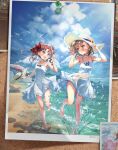  2girls barefoot beach blue_sky brown_eyes brown_hair bulletin_board cloud day dress frilled_dress frills full_body hair_ribbon hat hat_removed headwear_removed highres long_hair misaka_mikoto multiple_girls outdoors photo_(object) pushpin red_ribbon ribbon running shirai_kuroko short_hair sky spaghetti_strap splashing sun_hat sundress toaru_kagaku_no_railgun toaru_majutsu_no_index white_dress white_headwear yonabe 