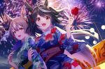  2girls animal_ears black_hair candy dutch_angle festival fireworks food holding holding_candy holding_food horse_ears horse_girl japanese_clothes kimono kitasan_black_(umamusume) multicolored_hair multiple_girls night orange_eyes salt_(salty) satono_diamond_(umamusume) umamusume white_hair wide_sleeves yukata 