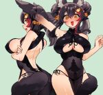  1girl @_@ animal_ears arm_up bare_back bare_shoulders bell black_hair blush breast_hold breasts cleavage double_bun hair_between_eyes hair_bun hair_ornament hololive large_breasts long_hair mochiyuki_(gigfor1) multicolored_hair ookami_mio open_mouth panties red_hair see-through side-tie_panties sideboob simple_background solo tail tail_around_leg twintails two-tone_hair underwear wolf_ears wolf_girl wolf_tail 