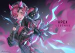  1girl apex_legends black_gloves black_headwear black_jacket breasts cyber_punked_wattson fang from_side gloves horns jacket looking_at_viewer medium_breasts official_alternate_costume one_eye_covered pink_gloves pink_hair shiro-hane solo two-tone_gloves upper_body wattson_(apex_legends) 
