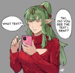  1girl alternate_costume casual cellphone clothing_cutout commentary contemporary english_commentary english_text fingernails fire_emblem fire_emblem_awakening green_eyes green_hair green_nails grey_background hair_ornament half-closed_eyes highres holding holding_phone long_hair long_sleeves phone pointy_ears ponytail red_sweater ribbed_sweater sakuremi sidelocks signature simple_background solo speech_bubble sweater tiki_(adult)_(fire_emblem) tiki_(fire_emblem) turtleneck turtleneck_sweater 