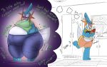 anthro appliance belly belly_overhang big_belly blush bottomwear breasts clothed clothing drawer english_text eyes_closed female fridge fully_clothed generation_3_pokemon hi_res imagination kitchen_appliance loray_(thatoneaceguy) medium_breasts mudkip navel nintendo obese obese_anthro obese_female overweight overweight_anthro overweight_female pokemon pokemon_(species) shorts sink solo stuffing text thatoneaceguy torn_clothing window 