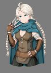  1girl absurdres ahoge braid breasts cleavage commission commissioner_upload facing_viewer fire_emblem fire_emblem_awakening fire_emblem_fates gloves hand_on_own_hip highres holding holding_knife knife leather leather_gloves looking_at_viewer low_twin_braids medium_breasts nina_(fire_emblem) non-web_source parted_bangs smile solo throwing_knife twin_braids villager_c weapon white_hair 