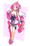  1girl ahoge bare_arms bare_legs bare_shoulders blue_eyes blue_shorts breasts choker cleavage closed_mouth collarbone disgaea full_body hair_tubes highres large_breasts legs_together long_hair looking_at_viewer makai_senki_disgaea_4 pink_background pink_footwear pink_hair shiny_skin shirt shoes shorts sidelocks smile solo standing suaman tabard thighlet vulcanus_(disgaea_4) white_shirt wrist_cuffs 
