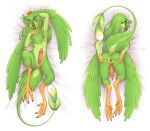  2021 4_fingers 4_toes animal_genitalia animal_penis anthro anus armpit_tuft ass_up avian blush bubonikku chest_tuft colored dakimakura_design dewclaw digitigrade erection feathered_wings feathers feet fingers genital_piercing genital_slit genitals girly glans glans_piercing green_body green_feathers green_hair hair hand_behind_head hand_on_butt hand_on_chest hi_res high-angle_view lidded_eyes lime_ade long_feathers long_hair long_tail looking_at_viewer looking_back looking_back_at_viewer lying male multicolored_body multicolored_feathers nevrean nipple_piercing nipples nude on_back on_front open_mouth penis penis_piercing piercing pink_penis presenting presenting_anus presenting_penis prince_albert_piercing raised_tail scuted_hands scuted_legs scutes simple_background slit solo spread_anus spreading tail tail_feathers toes tongue tuft two_tone_body two_tone_feathers white_sheets winged_arms wings yellow_eyes yellow_scutes 