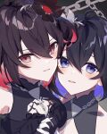  2girls black_hair black_hairband blue_eyes blue_hair chain close-up dual_persona flower hair_between_eyes hair_flower hair_ornament hairband honkai_(series) honkai_impact_3rd karamaru626 looking_at_viewer multiple_girls open_mouth parted_lips red_eyes red_hair seele_(alter_ego) seele_vollerei seele_vollerei_(stygian_nymph) teeth upper_teeth_only white_headwear 