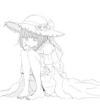  1girl absurdres arima_kana bob_cut closed_mouth collarbone commentary_request dress flower hat hat_flower highres hirayama_kanna hugging_own_legs inverted_bob knees_up monochrome no_shoes off-shoulder_dress off_shoulder oshi_no_ko short_hair simple_background sketch solo sun_hat sundress toes white_background 
