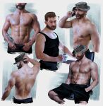  1boy ? abs animal back bara beard black_male_swimwear black_tank_top brown_hair call_of_duty call_of_duty:_modern_warfare_3 captain_price cat cup facial_hair felrija hat highres holding holding_cup holding_phone large_pectorals male_focus male_swimwear multiple_views muscular muscular_male navel nipples pectorals phone short_hair tank_top 