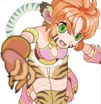  1girl animal_ears armlet body_fur bottomless breasts breath_of_fire breath_of_fire_ii covered_nipples facial_mark fang green_eyes lowres medium_breasts open_mouth orange_hair rinpoo_chuan short_hair sicky_(pit-bull) simple_background solo striped_tail tail teeth tiger_ears tiger_girl tiger_tail v-shaped_eyebrows whisker_markings white_background 