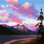  cloud cloudy_sky commentary english_commentary gradient_sky grass jubilee_(8px) morning mountain mountainous_horizon no_humans original outdoors pixel_art river scenery shore sky sunrise tree water 