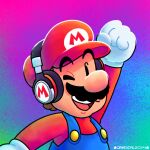  1boy arm_up big_nose black_eyes black_headphones blue_overalls buttons cabbie_hat chin clenched_hand deviantart_username facial_hair gloves hat highres jradical2014 letter long_sleeves looking_at_viewer mario mario_(series) mustache nintendo one_eye_closed open_mouth overalls profile_picture rainbow_background red_headwear red_shirt shirt smile solid_oval_eyes teeth thick_eyebrows upper_body upper_teeth_only white_gloves 