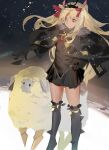  1girl 1other absurdres black_cape black_thighhighs black_tiara blonde_hair cape dark-skinned_female dark_skin dumuzid_(fate) ereshkigal_(fate) ereshkigal_alter_(fate) fate/grand_order fate_(series) fur-trimmed_cape fur_trim hair_ribbon highres long_hair official_alternate_costume red_eyes red_ribbon ribbon sheep spikes star_(sky) thighhighs yaruyan 