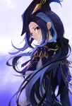  1girl black_hair blue_hair blue_headwear breasts cape clorinde_(genshin_impact) from_behind genshin_impact hat hat_feather highres jewelry long_hair looking_at_viewer looking_back purple_eyes seydlitz_art simple_background solo 