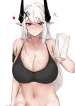  1girl absurdres arknights bare_shoulders beer_mug black_sports_bra blush breasts cleavage closed_mouth collarbone cum cup earrings heart highres holding holding_cup horns jewelry large_breasts long_hair looking_at_viewer machan mudrock_(arknights) mug navel oripathy_lesion_(arknights) pointy_ears red_eyes simple_background smile solo sports_bra sweat upper_body very_long_hair white_background white_hair 