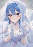  1girl absurdres blue_eyes blue_hair breasts bridal_veil cleavage dress earrings from_above gloves hair_between_eyes hair_bun highres hololive hoshimachi_suisei jewelry long_hair looking_at_viewer nakaneabura8623 necktie ring smile solo star_(symbol) star_in_eye symbol_in_eye veil virtual_youtuber wedding_dress wedding_ring white_gloves 