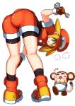  1girl absurdres ass bike_shorts bike_shorts_under_shorts blonde_hair blush brown_gloves cabbie_hat commentary_request cropped_jacket data_(mega_man) full_body gloves green_eyes hat highres holding holding_wrench jacket kotatuman_dash long_hair looking_at_viewer mega_man_(series) mega_man_legends monkey open_mouth red_headwear red_jacket red_shorts roll_caskett_(mega_man) short_sleeves shorts white_background wrench 