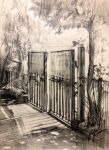  day fence gate greyscale highres iron_fence monochrome no_humans original painting_(medium) scenery shadow sunlight tlctm7h8wdwnthx traditional_media tree watercolor_(medium) 