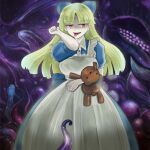  1girl archived_source black_alice_(mon-musu_quest!) blonde_hair blue_bow blue_dress blunt_bangs bow breasts clenched_hands commentary_request dress drooling feet_out_of_frame floating_hair frills glowing hair_bow half-closed_eyes holding holding_stuffed_toy large_breasts long_dress long_hair looking_at_viewer mon-musu_quest! monster_girl open_mouth raised_eyebrow red_eyes saliva shaded_face short_sleeves smile solo straight-on stuffed_animal stuffed_toy teddy_bear tentacles tongue tongue_out un_do 