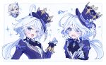  1boy 1girl :d ahoge ascot black_ascot blue_bow blue_eyes blue_hair blue_headwear blue_jacket blush bow brooch chalice chibi chibi_inset commentary_request cup drop-shaped_pupils eyelashes flying_sweatdrops furina_(genshin_impact) genshin_impact gloves hair_between_eyes hair_intakes hand_up hat hat_bow heterochromia highres holding holding_cup jacket jewelry lapels long_hair long_sleeves looking_at_viewer mismatched_pupils multicolored_hair multiple_views natsukko_0606 neuvillette_(genshin_impact) open_clothes open_jacket open_mouth purple_eyes raised_eyebrows shirt sidelocks simple_background smile sparkle streaked_hair swept_bangs tearing_up tilted_headwear top_hat v-shaped_eyebrows white_background white_gloves white_shirt wide-eyed 