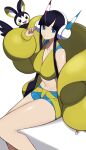  1girl absurdres bike_shorts black_hair blue_eyes blunt_bangs collarbone elesa_(pokemon) emolga hand_up headphones highres jacket long_sleeves looking_at_viewer navel nuneno parted_lips pokemon pokemon_(creature) pokemon_(game) pokemon_bw2 shiny_skin sidelocks sitting smile sports_bra white_background yellow_jacket 