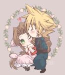  1boy 1girl aerith_gainsborough arestear0701 armor arms_around_neck baggy_pants belt blonde_hair blue_pants blue_shirt blush boots braid braided_ponytail brown_belt brown_footwear brown_hair chibi closed_eyes cloud_strife couple curly_hair dress final_fantasy final_fantasy_vii final_fantasy_vii_remake full_body green_eyes grey_background hair_ribbon hetero highres hug jacket kissing_hair long_dress long_hair one_eye_closed pants parted_bangs pink_dress pink_ribbon red_jacket ribbon shirt short_hair short_sleeves shoulder_armor sidelocks single_braid sleeveless sleeveless_turtleneck spiked_hair turtleneck 