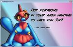  anthro belly blue_body blush breasts eyelashes eyewear female generation_4_pokemon genitals glasses long_tail looking_at_viewer multicolored_body navel nintendo nipples pokemon pokemon_(species) porygon-z pussy red_body simple_background solo standing tail text thick_thighs windows_logo yellow_eyes yellow_nipples z_dragon 