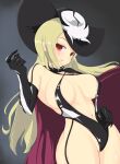  1girl black_gloves black_headwear black_leotard blonde_hair cape center_opening cowboy_shot criss-cross_halter elbow_gloves garter_straps gloves halterneck hat highres leotard long_hair looking_at_viewer mole mole_under_mouth red_eyes senran_kagura senran_kagura_estival_versus senran_kagura_shinovi_versus shiki_(senran_kagura) simple_background thighhighs thighs user_wgkw2257 