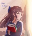  1girl black_hair blazer blue_bow blue_jacket blue_ribbon blush book bow brown_eyes collared_shirt commentary_request curtains floating_hair hair_bow happy_birthday holding holding_book idolmaster idolmaster_cinderella_girls jacket koichi_makoto long_hair neck_ribbon profile ribbon shirt sidelighting solo tachibana_arisu upper_body white_shirt window 