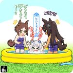  &gt;_&lt; 3girls animal_ears arms_up asphyxiation commentary_request drowning english_text fine_motion_(umamusume) grass hair_ornament hishi_miracle_(umamusume) horse_ears horse_tail hose kakuchoshi long_hair medium_hair multiple_girls open_mouth pool school_swimsuit standing surprised swimsuit symboli_kris_s_(umamusume) tail translation_request umamusume 