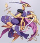  1girl abs absurdres bare_shoulders barefoot blonde_hair breasts clothing_cutout colored_skin dual_wielding duel_monster elbow_gloves full_body glint gloves half_mask hand_up highres holding holding_sword holding_weapon leaning_back leotard long_hair long_toenails lunalight_sabre_dancer mask monster_girl naruyan_mk-ii open_mouth orange_eyes purple_skin sharp_toenails solo stomach_cutout sword thigh_strap toenails weapon yu-gi-oh! 