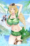  1girl alboeire arm_up armpits bare_shoulders bikini black_gloves blonde_hair blue_sky bow breasts cleavage cloud day fingerless_gloves fire_emblem fire_emblem:_three_houses fire_emblem_heroes fish gloves green_bikini green_bow green_eyes highres holding ingrid_brandl_galatea large_breasts long_hair navel off-shoulder_bikini off_shoulder short_sleeves sky solo standing stomach swimsuit thighs very_long_hair wading water 