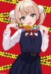  1girl absurdres black_dress blonde_hair bow bowtie caution_tape collared_shirt crime_prevention_buzzer dress dress_shirt green_eyes highres indie_virtual_youtuber pinafore_dress pom_pom_(clothes) red_bow red_bowtie school_uniform shem_kako shigure_ui_(vtuber) shigure_ui_(young)_(vtuber) shirt short_hair shukusei!!_loli-gami_requiem sleeveless sleeveless_dress solo twintails white_shirt 