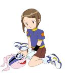  1girl absurdres brown_hair brown_shorts cosplay digimon digimon_(creature) digimon_adventure_02 fangs gloves goggles goggles_on_head highres koromon open_mouth short_hair shorts simple_background socks white_background white_gloves white_socks yagami_hikari yagami_taichi yagami_taichi_(cosplay) 