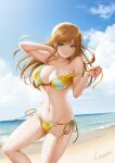  1girl artist_name beach bikini bikini_tan blue_sky breasts brown_hair closed_mouth cloud commentary_request day domestic_na_kanojo floral_print green_eyes halterneck highres large_breasts long_hair looking_at_viewer navel ocean official_art outdoors sasuga_kei side-tie_bikini_bottom sky smile solo strap_pull swimsuit tachibana_hina tan tanlines thighs water 