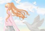  1girl bird blue_sky blush closed_mouth cloud cloudy_sky d4dj dove facing_to_the_side feathers green_skirt high_ponytail highres kase_mana long_hair long_sleeves looking_ahead orange_hair pink_shirt purple_eyes shirt skirt sky smile solo wbr_komet white_dove white_feathers 