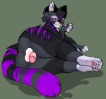  absurd_res anthro anus backsack balls butt demidevilmitch domestic_cat felid feline felis fur genitals grey_(greywolf2244) grey_body grey_fur hi_res looking_back male mammal paws penis presenting presenting_hindquarters purple_body purple_eyes purple_fur rear_view solo 