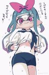  1girl amezawa_koma bike_shorts blunt_bangs blush bow domino_mask hair_bow highres inkling inkling_girl mask navel pointy_ears school_uniform serafuku short_hair sidelocks splatoon_(series) thick_eyebrows white_background 