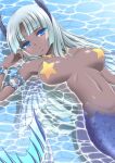  1girl blue_eyes breasts dark-skinned_female dark_skin highres horns jewelry lips long_hair looking_at_viewer mermaid mesarthim monster_girl navel necklace open_mouth saga saga_frontier solo tadano_myoushi tail water white_hair wings 