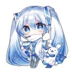  1girl amane_momo animal blue_bow blue_eyes blue_hair blue_scarf bow chibi closed_mouth commentary earmuffs full_body grey_skirt grey_sleeves grey_thighhighs hair_ornament hatsune_miku headset light_blue_hair light_blush looking_at_viewer outstretched_arms pleated_skirt rabbit rabbit_yukine scarf shirt simple_background skirt smile snowflake_print solo standing thighhighs twintails vocaloid white_background white_mittens white_scarf white_shirt yuki_miku yuki_miku_(2011) 
