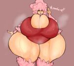  2023 anthro big_breasts bodily_fluids bovid breasts caprine cleavage clothed clothing dialogue digital_media_(artwork) english_text female fur green_eyes hi_res huge_breasts huge_hips huge_thighs hyper hyper_breasts hyper_hips hyper_thighs looking_at_viewer mammal one_eye_closed pink_body pink_fur pink_wool sheep solo steam sweat text thick_thighs trish_(xytora) wide_hips wink wool_(fur) xytora 