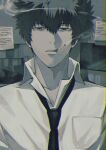  1boy black_eyes black_necktie breast_pocket collared_shirt double-parted_bangs facing_viewer grey_theme kougami_shin&#039;ya messy_hair necktie open_mouth paper partially_unbuttoned photo_(object) pocket psycho-pass shirt short_hair smoking sticky_note very_short_hair white_shirt yukin_(es) 