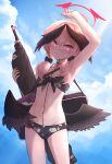  1girl arm_up armpits bikini black_bikini black_wings blue_archive blue_sky closed_mouth cloud day flat_chest floral_print front-tie_bikini_top front-tie_top head_wings highres koharu_(blue_archive) koharu_(swimsuit)_(blue_archive) looking_at_viewer low_wings official_alternate_costume pink_eyes pink_hair print_bikini ruraji sky solo standing swimsuit wings 