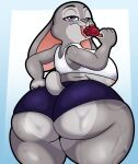  absurd_res anthro areola areola_slip bedroom_eyes big_breasts big_butt bodily_fluids breasts buckteeth butt clothing crop_top disney ears_down female food hand_on_hip hi_res huge_breasts huge_butt judy_hopps lagomorph leporid looking_back mammal narrowed_eyes pawpsicle pivoted_ears popsicle rabbit seductive shirt solo someth1ngoranother sweat teeth thick_thighs tongue tongue_out topwear wide_hips zootopia 