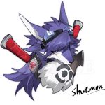  anthro appmon_(species) bandai_namco blue_body blue_eyes blue_fur bust_portrait canid canine canis digimon digimon_(species) eyewear fluffy_chest fur goggles high-angle_view male mammal nomiyaria portrait scar shutmon solo wolf 